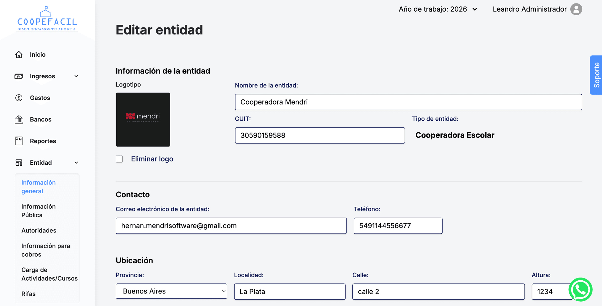 SaaS de gestión para cooperadoras escolares - Edición de entidad