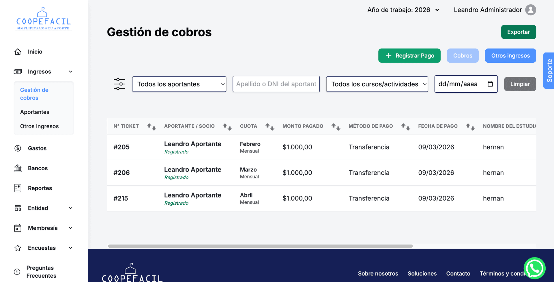 SaaS de gestión para cooperadoras escolares - Gestión de ingresos