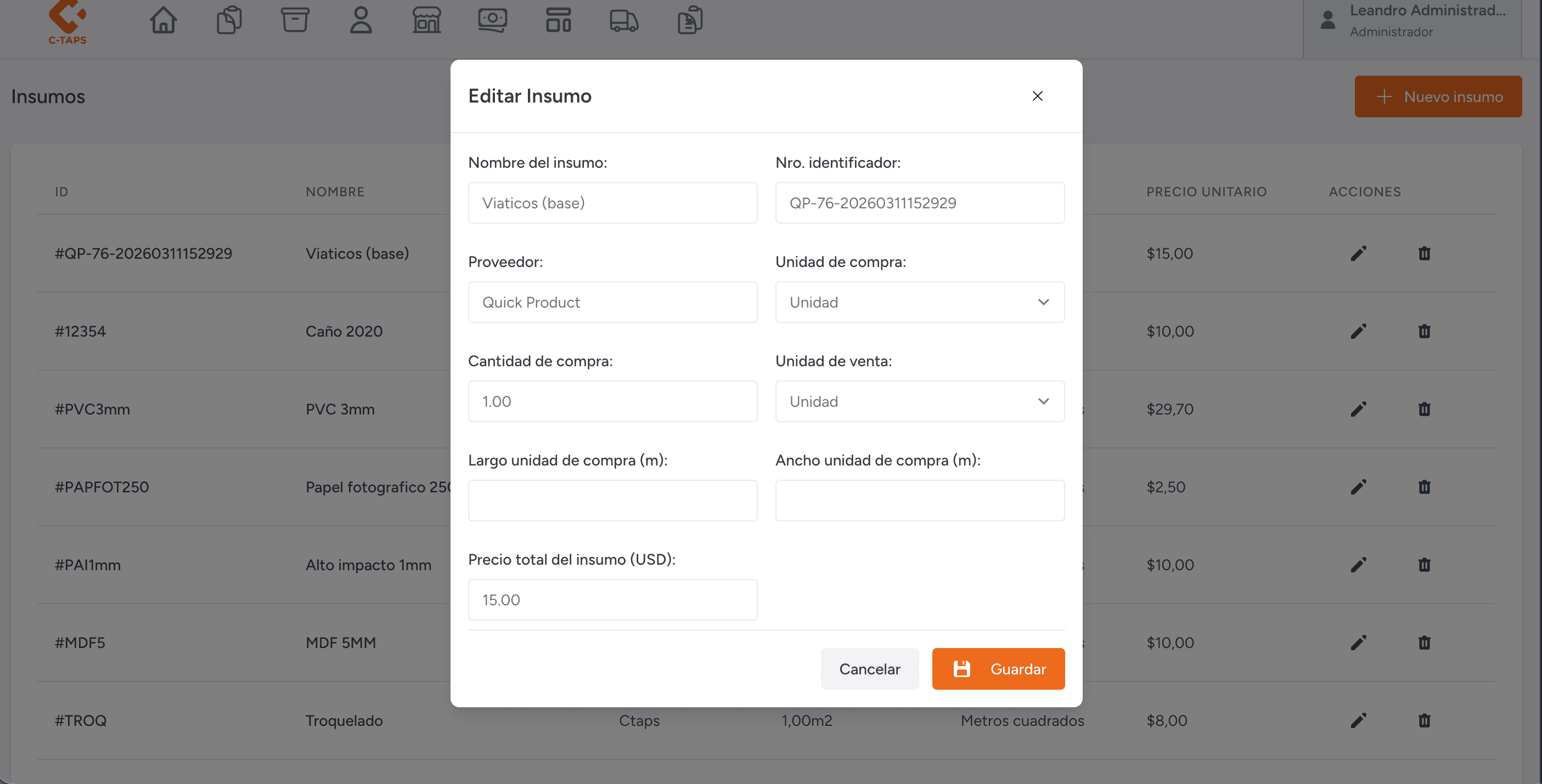 ERP integral con facturación electrónica - Detalle de insumo