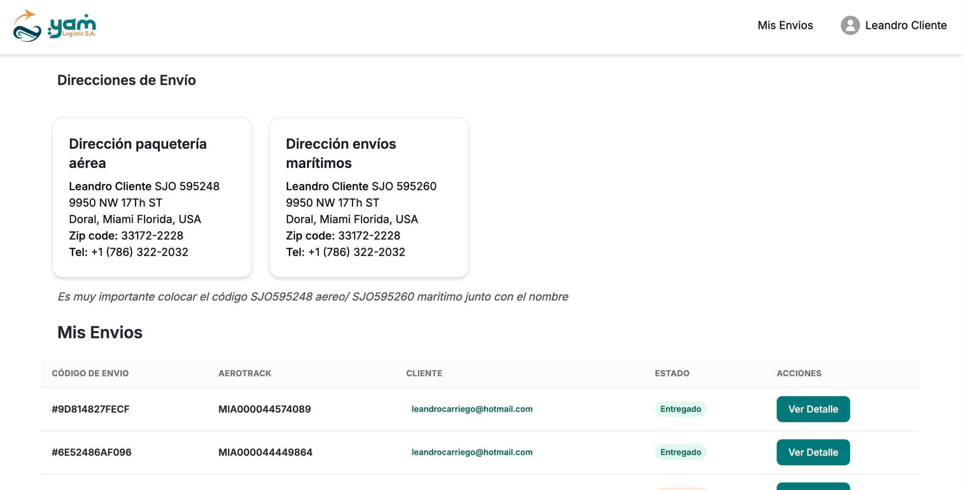 Sistema de tracking y gestión de envíos - Vista del cliente
