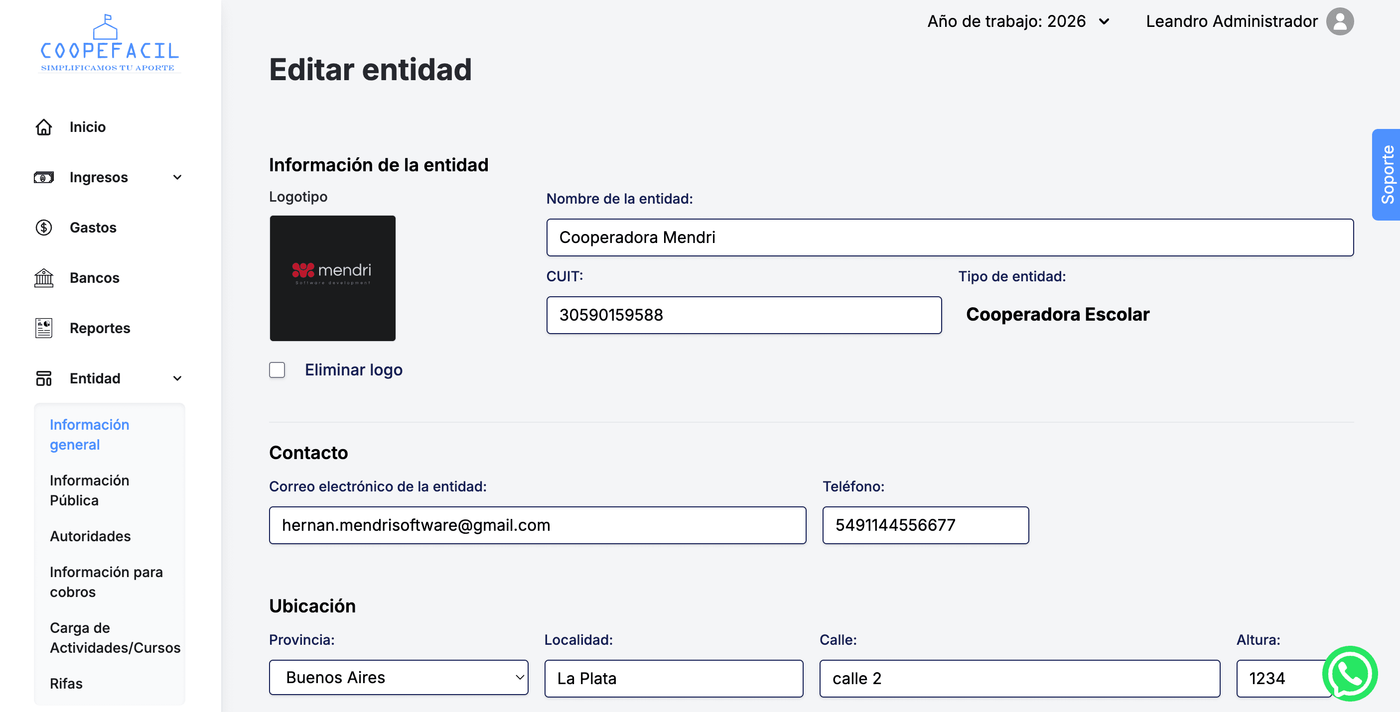 SaaS de gestión para cooperadoras escolares - Edición de entidad